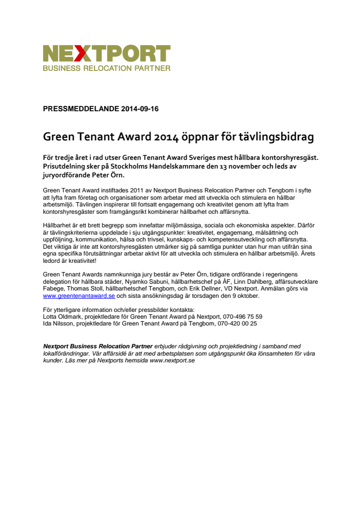 Green Tenant Award öppnar för tävlingsbidrag
