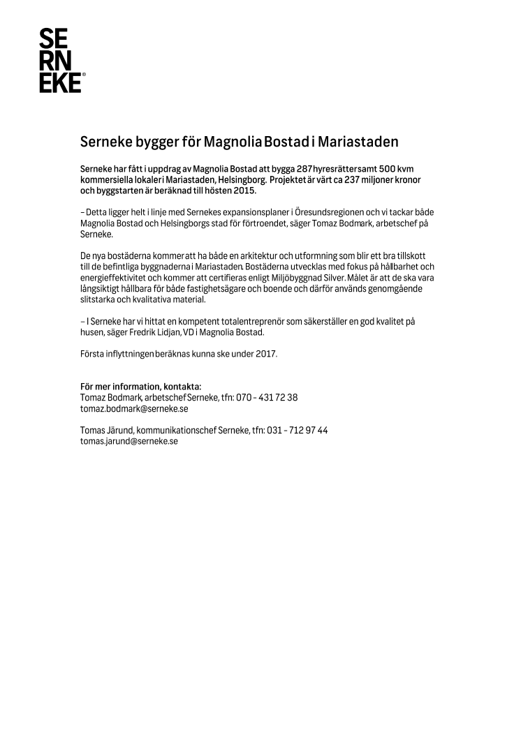 Serneke bygger för Magnolia Bostad i Mariastaden