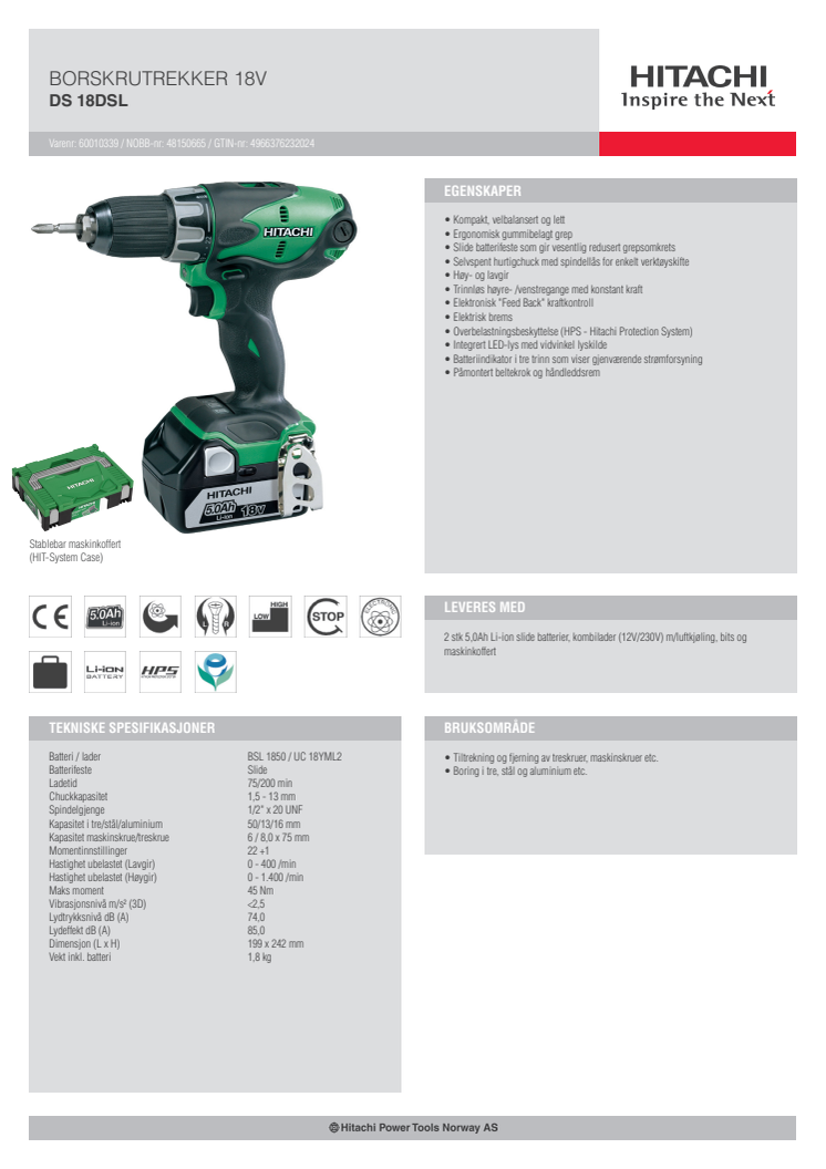 HITACHI Borskrutrekker DS18DSL (5,0Ah)