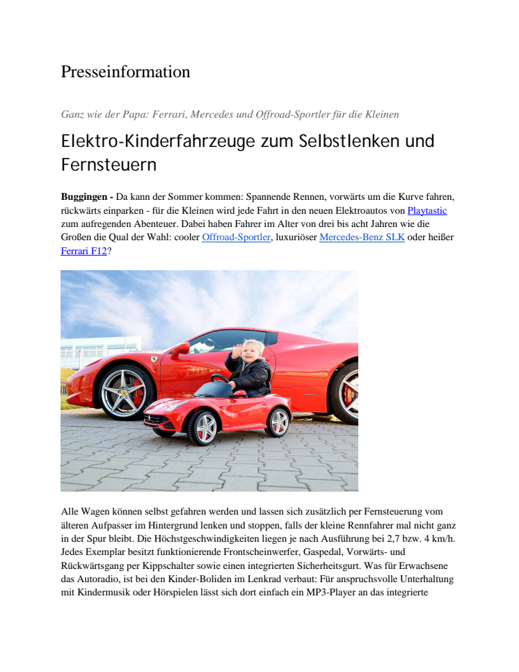 Elektro-Kinderfahrzeuge zum Selbstlenken und Fernsteuern