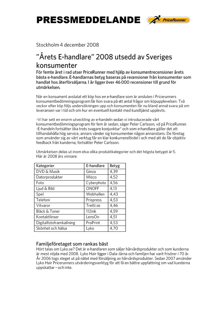 ”Årets E-handlare” 2008 utsedd av Sveriges konsumenter