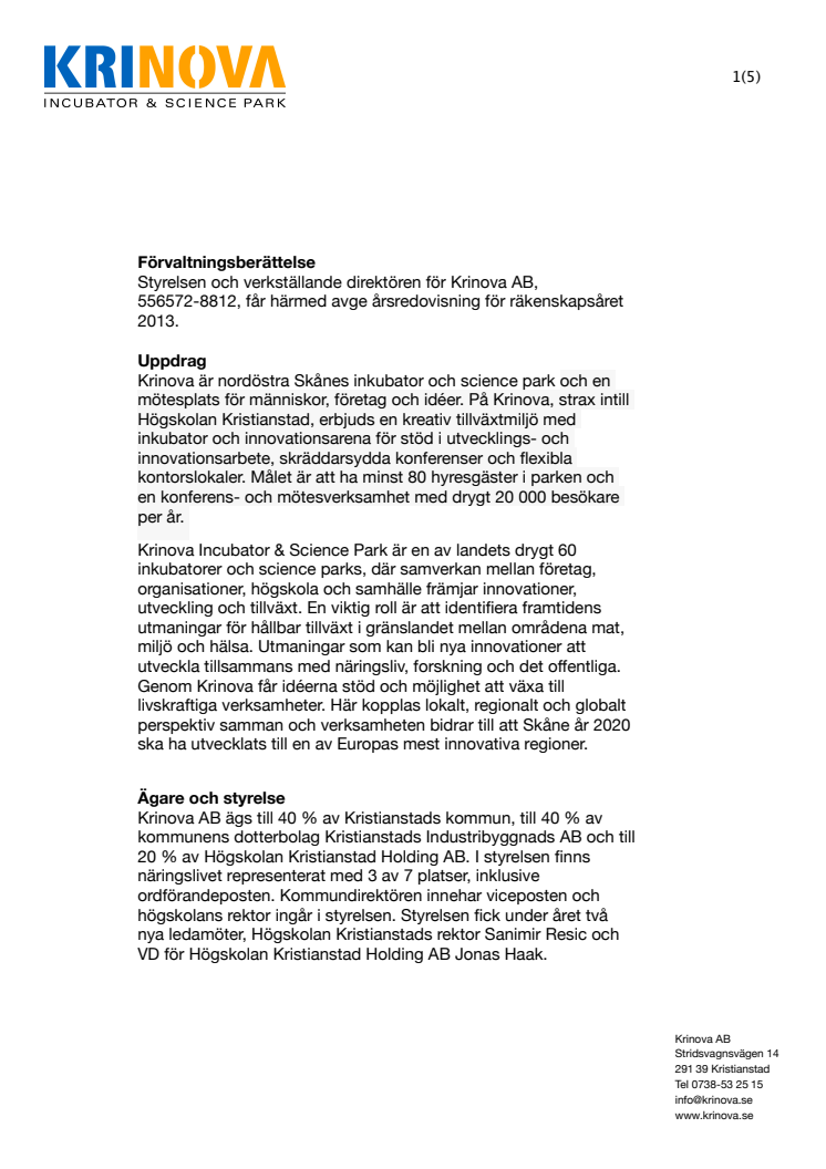 Förvaltningsberättelse Krinova AB 2013