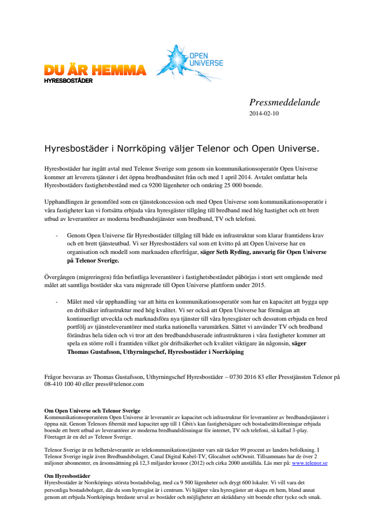 Hyresbostäder i Norrköping väljer Telenor och Open Universe.