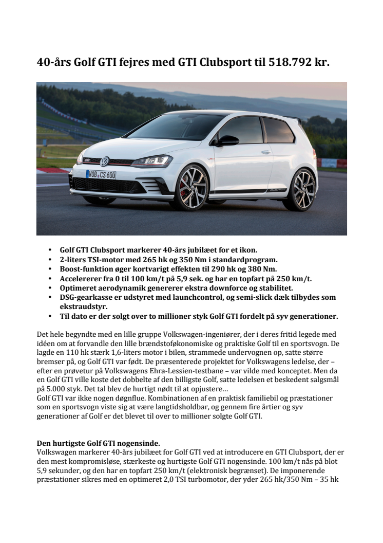 40-års Golf GTI fejres med GTI Clubsport til 518.792 kr.