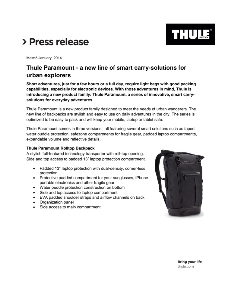Thule Paramount - a new line of smart carry-solutions for urban explorers 