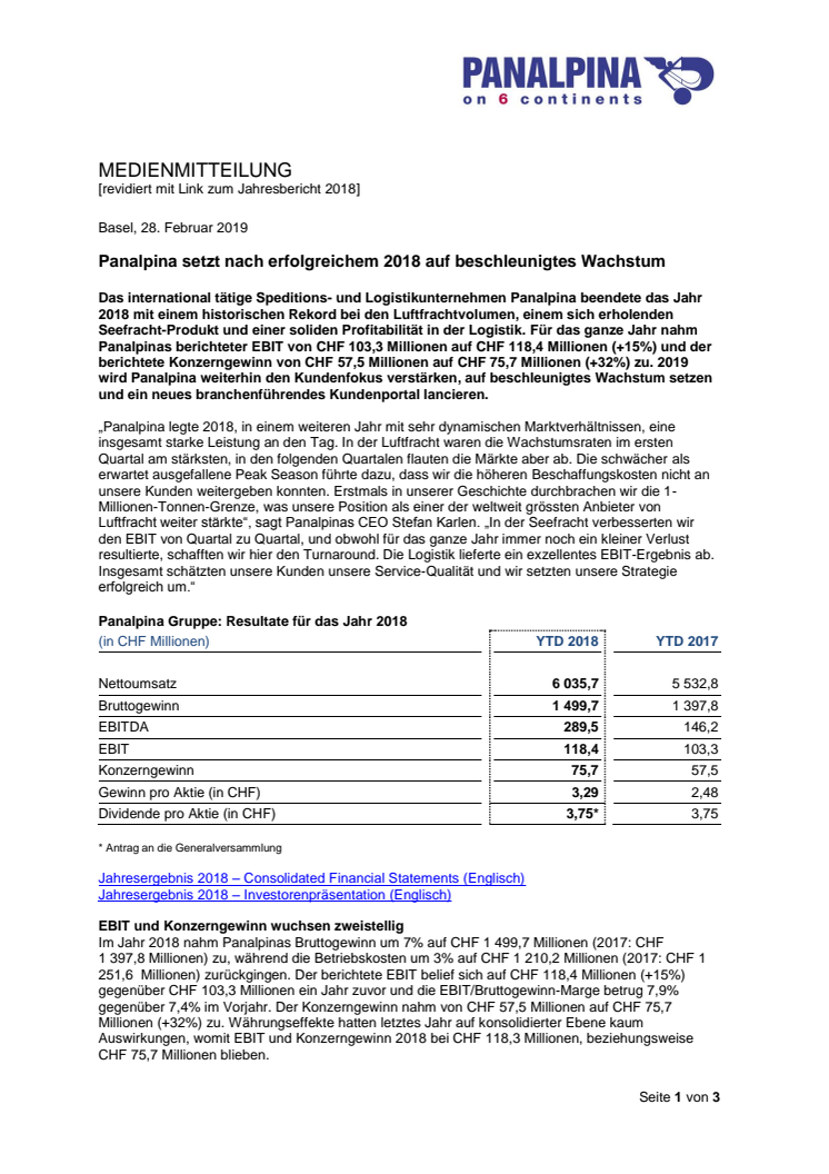 Panalpina setzt nach erfolgreichem 2018 auf beschleunigtes Wachstum