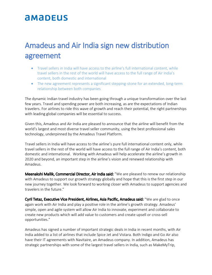 Amadeus och Air India tecknar nytt distributionsavtal