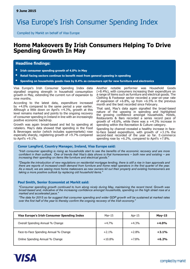 Visa Europe's Irish Consumer Spending Index - 9 June 2015