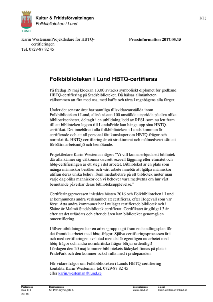 Folkbiblioteken i Lund HBTQ-certifieras