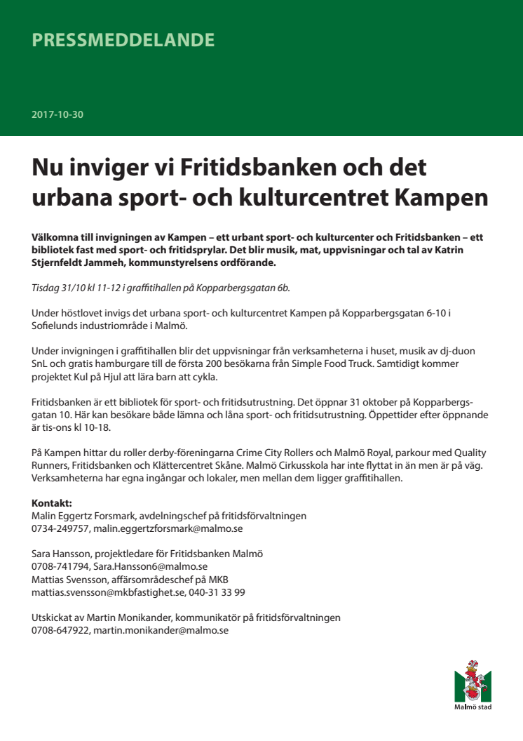 Nu inviger vi Fritidsbanken och det urbana sport- och kulturcentret Kampen