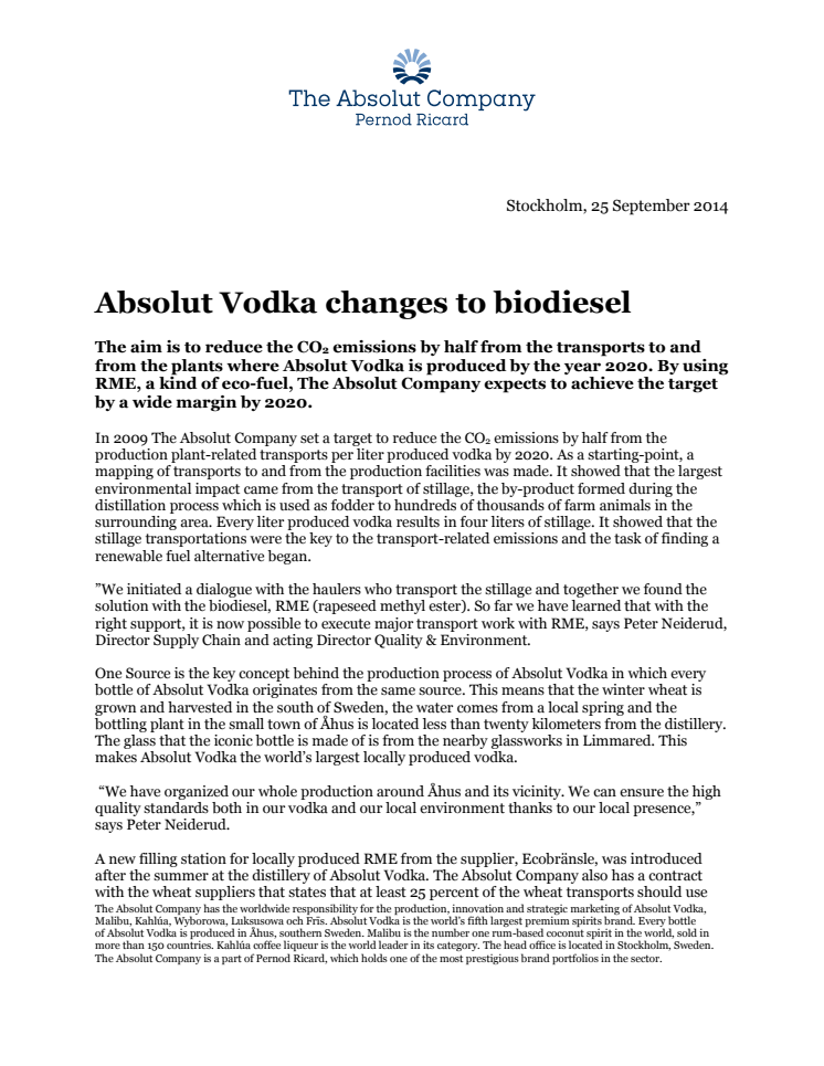 Absolut Vodka changes to biodiesel