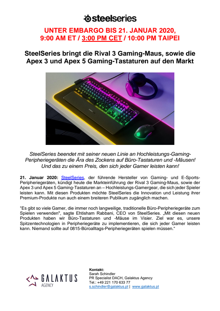 Pressemitteilung: SteelSeries bringt die Rival 3 Gaming-Maus, sowie die Apex 3 und Apex 5 Gaming-Tastaturen auf den Markt (unter Embargo bis 21.01.2020, 15:00 Uhr CET)