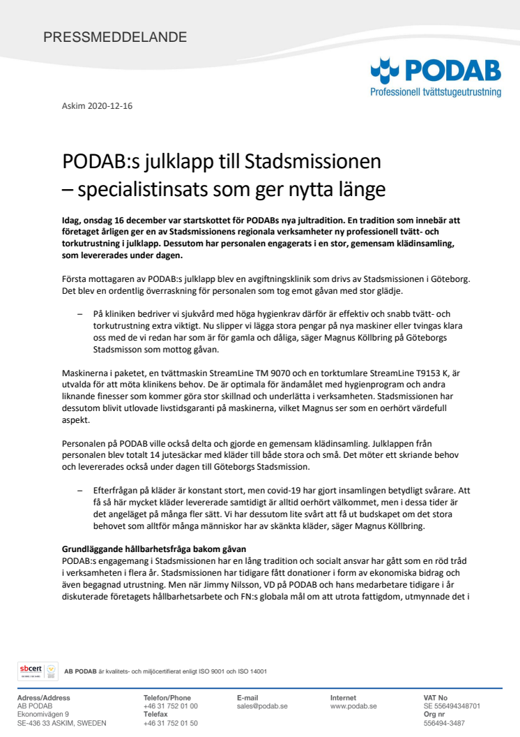 PODAB:s julklapp till Stadsmissionen  – specialistinsats som ger nytta länge