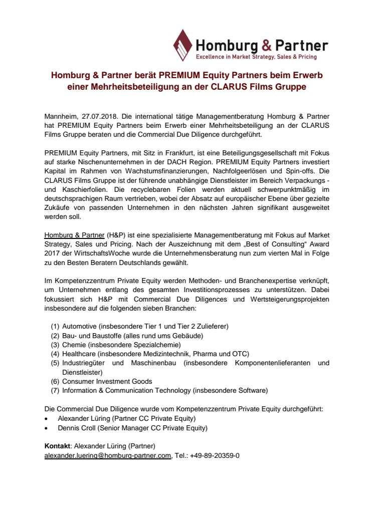 Homburg & Partner berät VR Equitypartner und BIP Investment Partners beim Verkauf der LEUNA-Tenside GmbH 