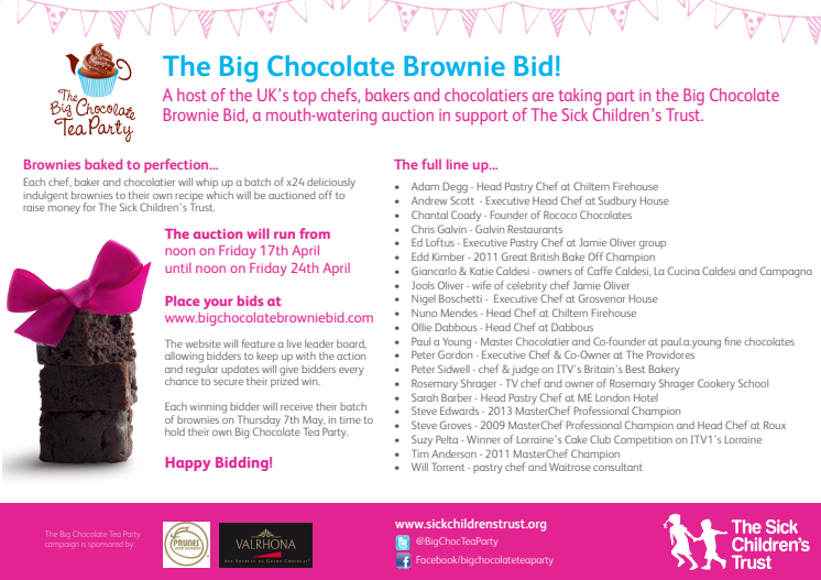 Top chefs to raise funds for Sick Children’s Trust with the Big Chocolate Brownie Bid this April