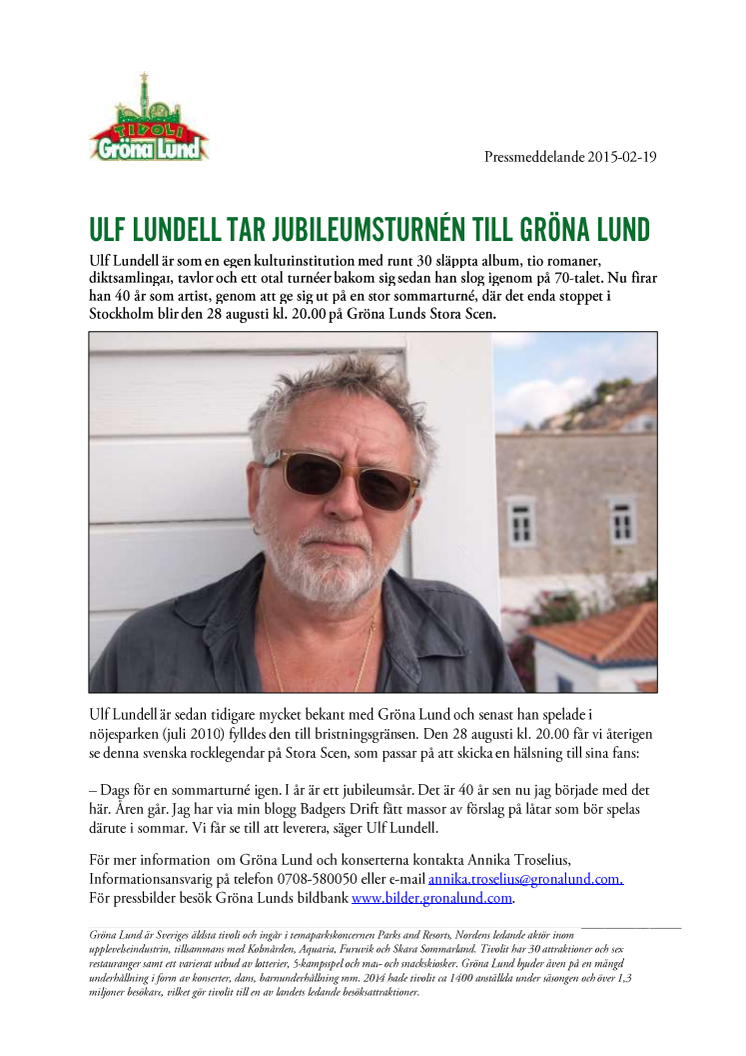 Ulf Lundell tar sommarturnén till Gröna Lund