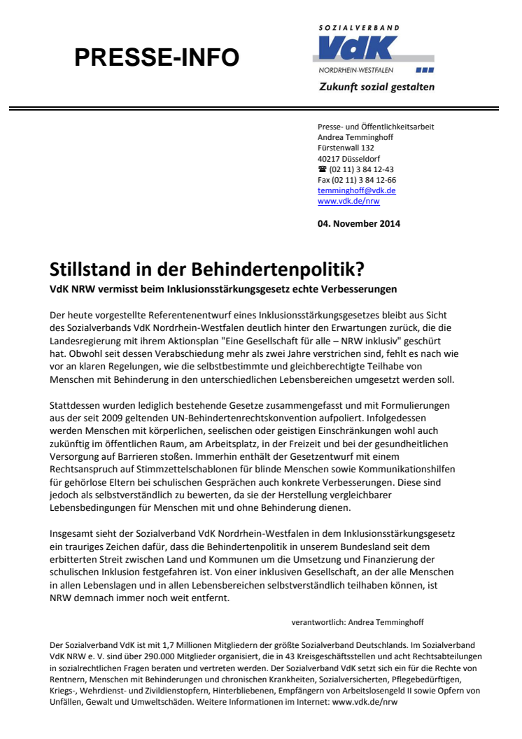Stillstand in der Behindertenpolitik? VdK NRW vermisst beim Inklusionsstärkungsgesetz echte Verbesserungen