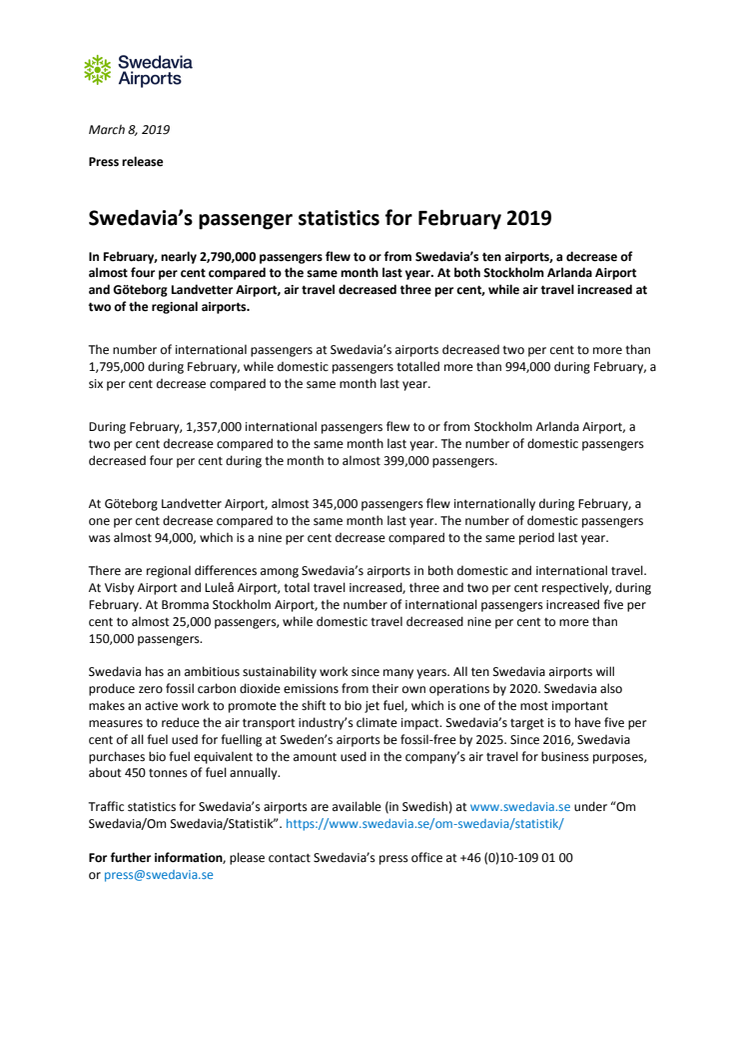 Swedavia’s passenger statistics for February 2019