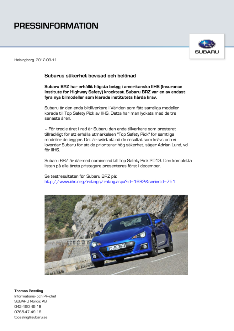 Subarus säkerhet bevisad och belönad
