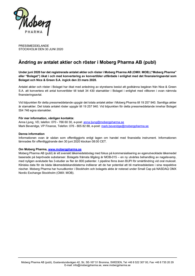 Ändring av antalet aktier och röster i Moberg Pharma AB (publ)