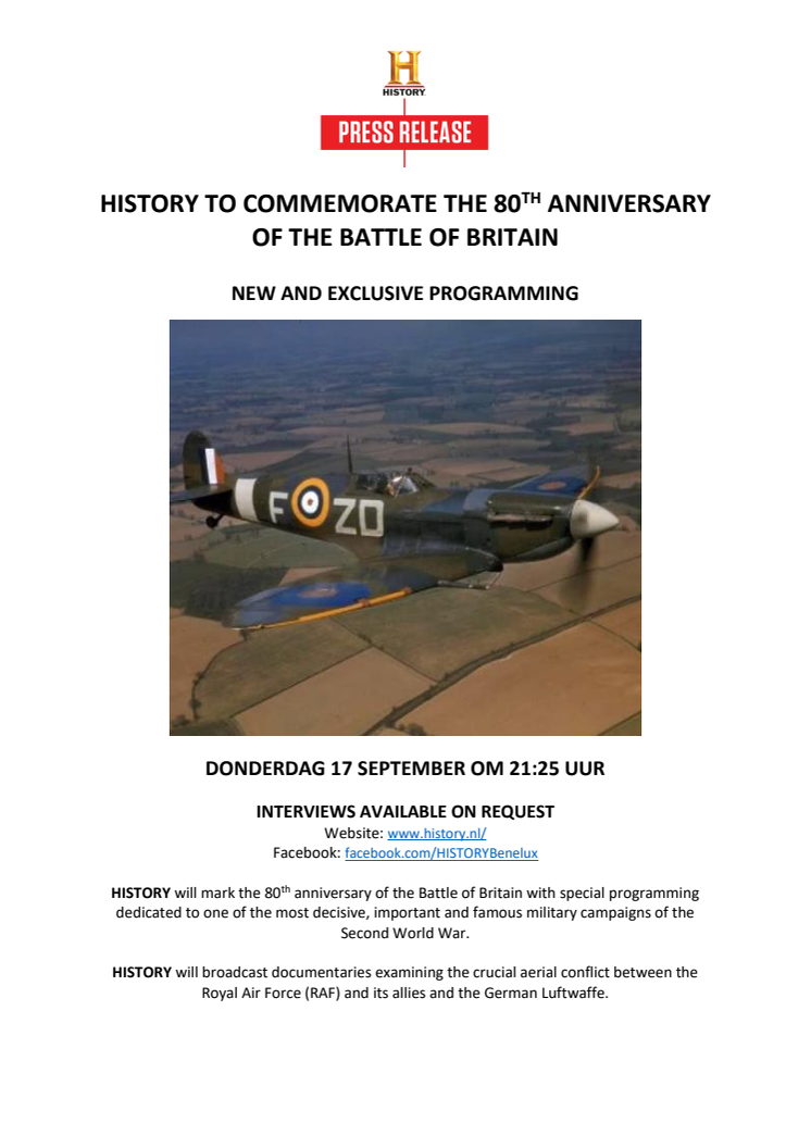 PRESS RELEASE | HISTORY TO COMMEMORATE THE 80TH ANNIVERSARY OF THE BATTLE OF BRITAIN