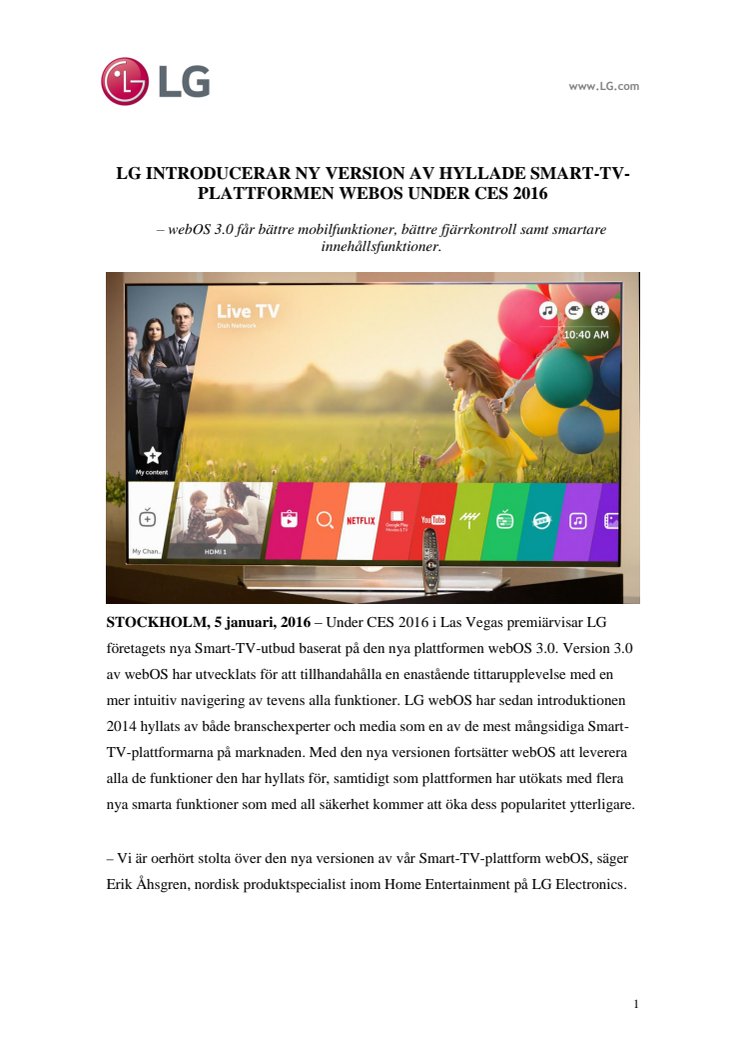 LG INTRODUCERAR NY VERSION AV HYLLADE SMART-TV-PLATTFORMEN WEBOS UNDER CES 2016
