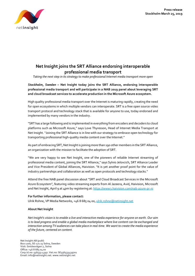 Net Insight joins the SRT Alliance endorsing interoperable professional media transport