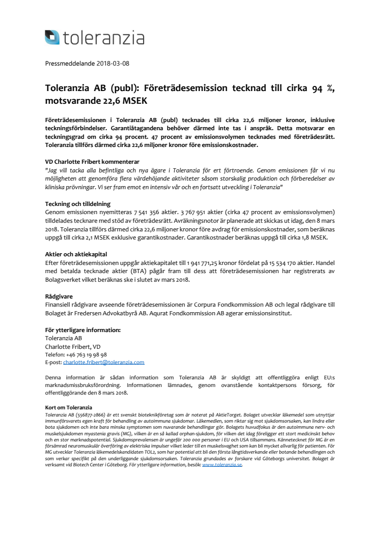 Toleranzias företrädesemission tecknad till cirka 94 %, motsvarande 22,6 MSEK