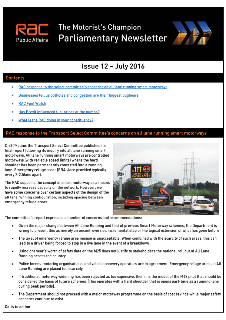 RAC Parliamentary Newsletter #12 - July 2016