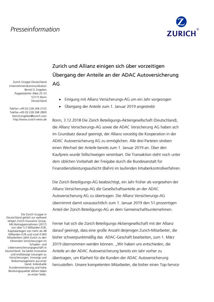 Zurich und Allianz einigen sich über vorzeitigen Übergang der Anteile an der ADAC Autoversicherung AG