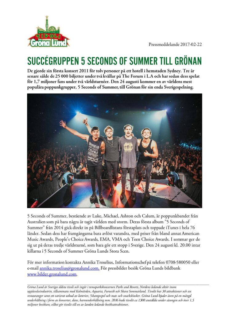 Succégruppen 5 Seconds of Summer till Grönan