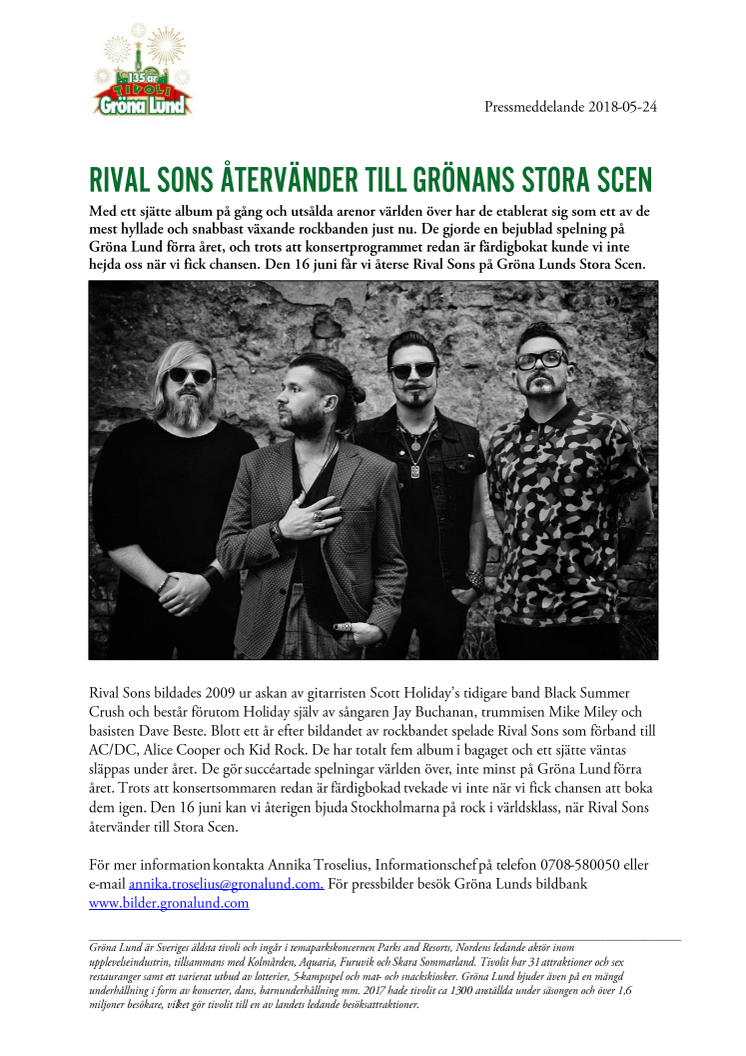 Rival Sons återvänder till Grönans Stora Scen