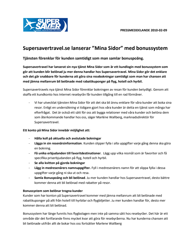 Supersavertravel.se lanserar ”Mina Sidor” med bonussystem