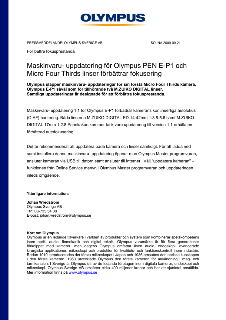 Olympus PEN E-P1 uppdatering för förbättrad autofokus