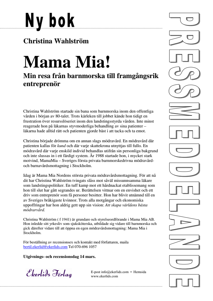 Ny bok: Mama Mia! Min resa från barnmorska till framgångsrik entreprenör av Christina Wahlström