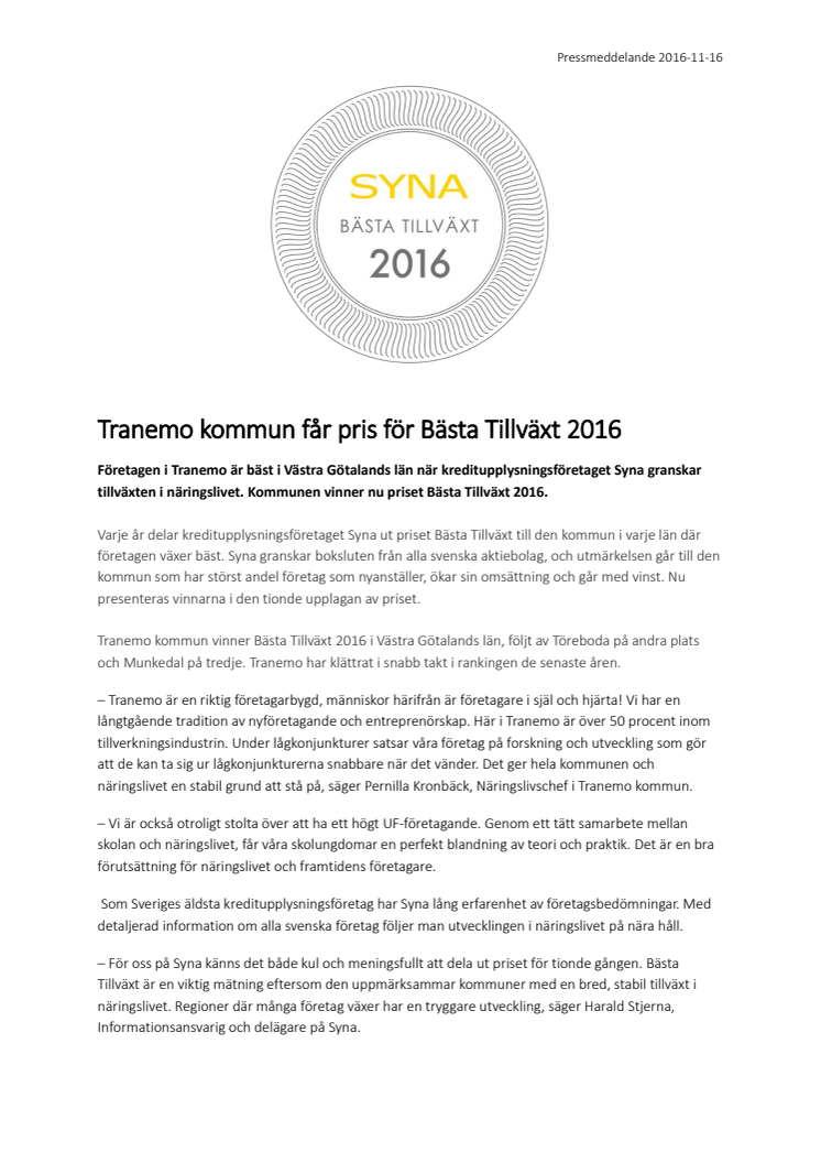Tranemo kommun får pris för Bästa Tillväxt 2016