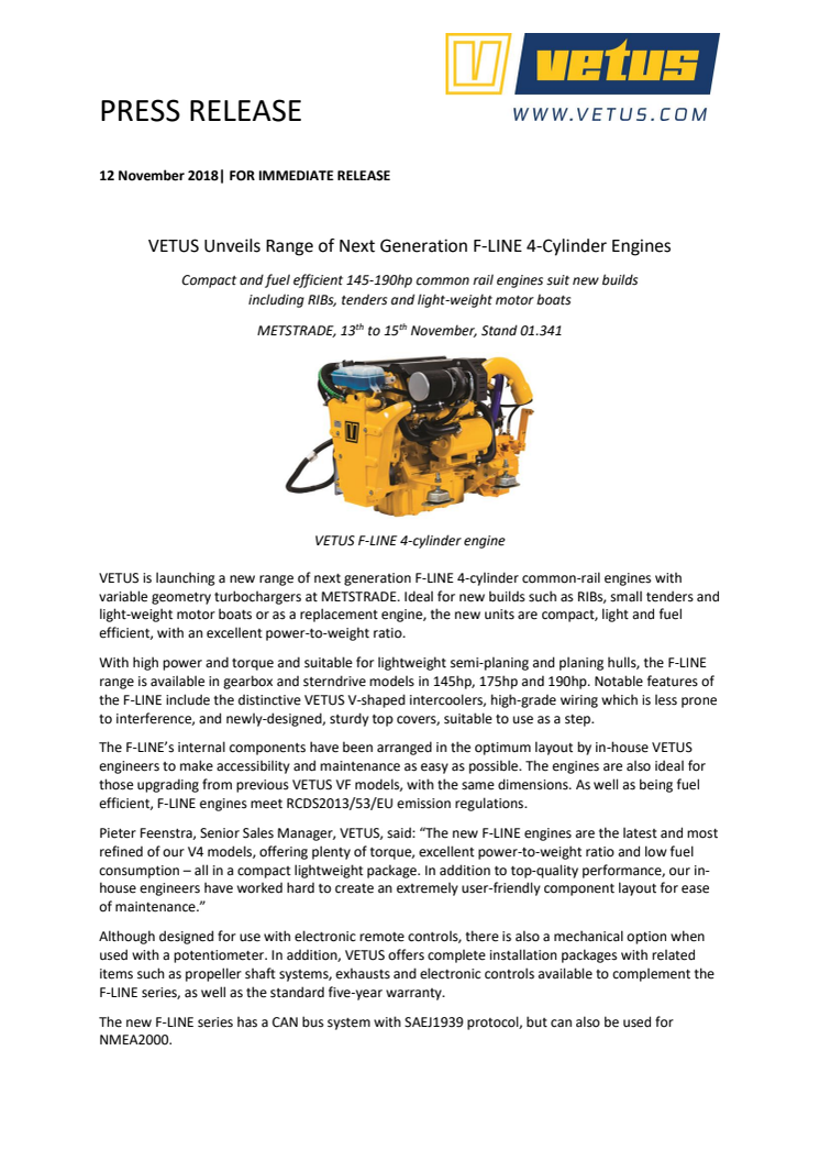 VETUS Unveils Range of Next Generation F-LINE 4-Cylinder Engines