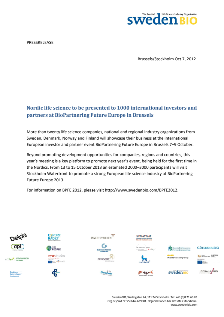 Nordic life science to be presented to 1000 international investors and partners at BioPartnering Future Europe in Brussels
