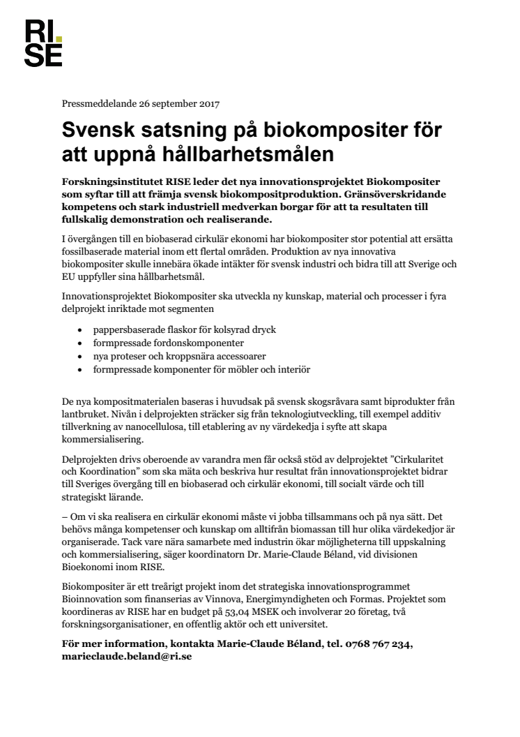 Svensk satsning på biokompositer för att uppnå hållbarhetsmålen