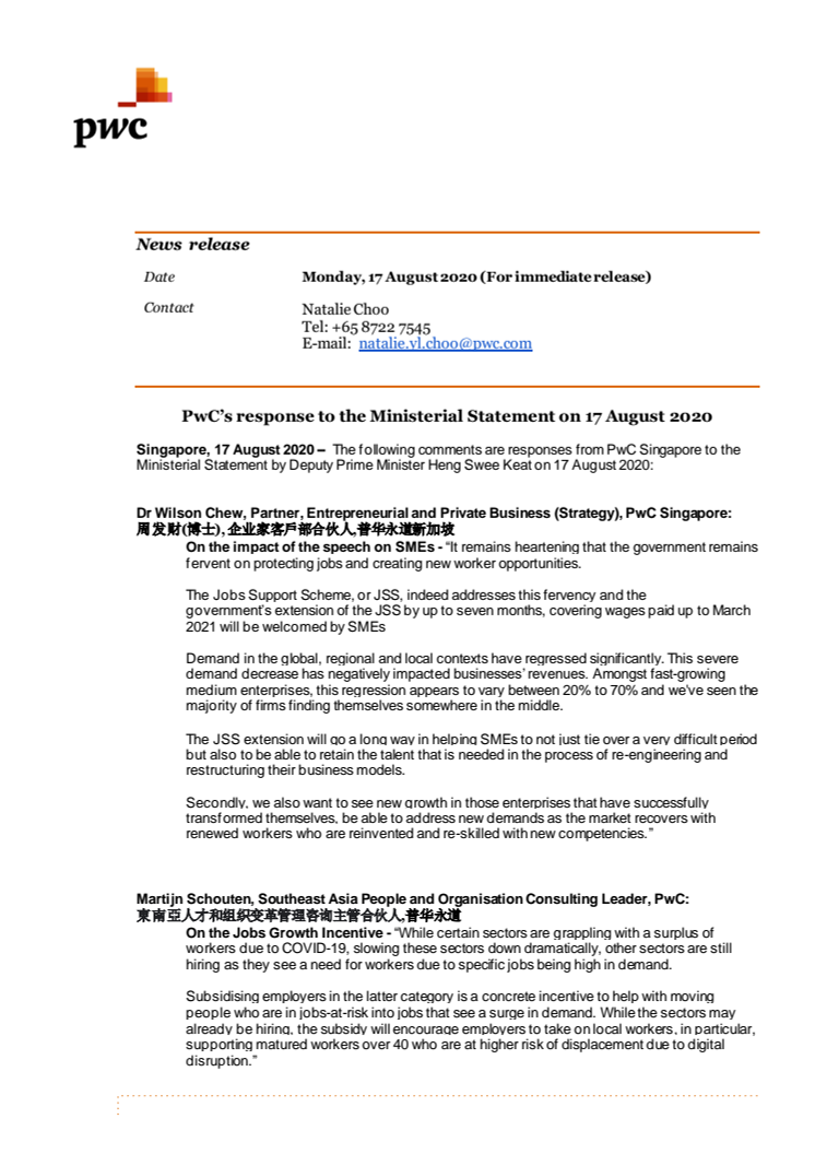 PwC’s response to the Ministerial Statement on 17 August 2020