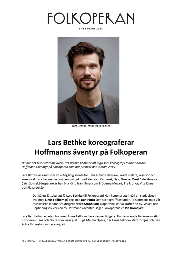 Lars Bethke koreograferar Hoffmanns äventyr på Folkoperan