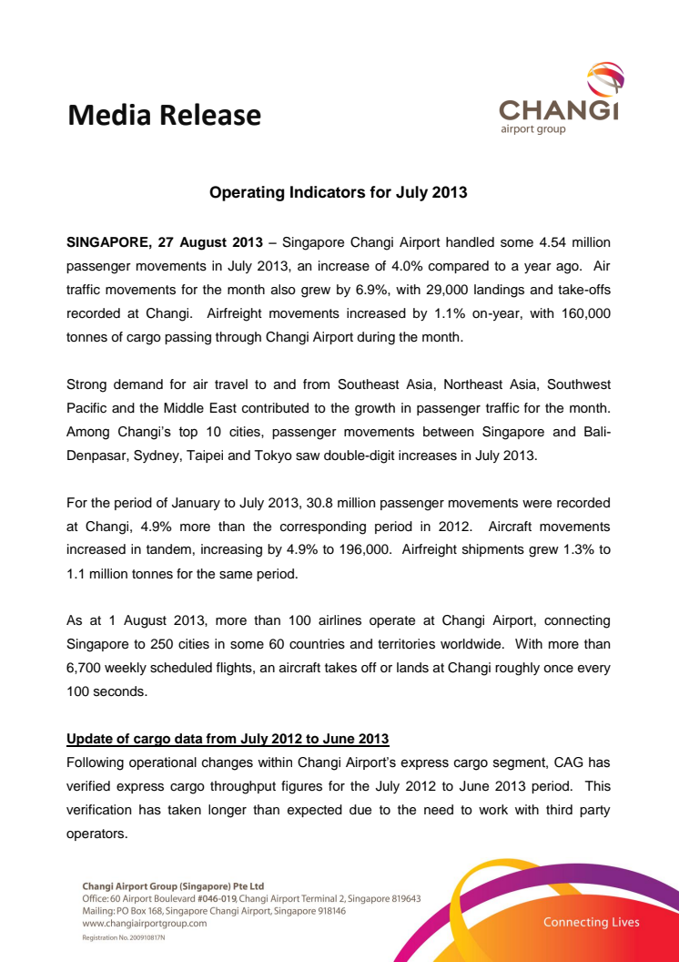 Operating Indicators for July 2013