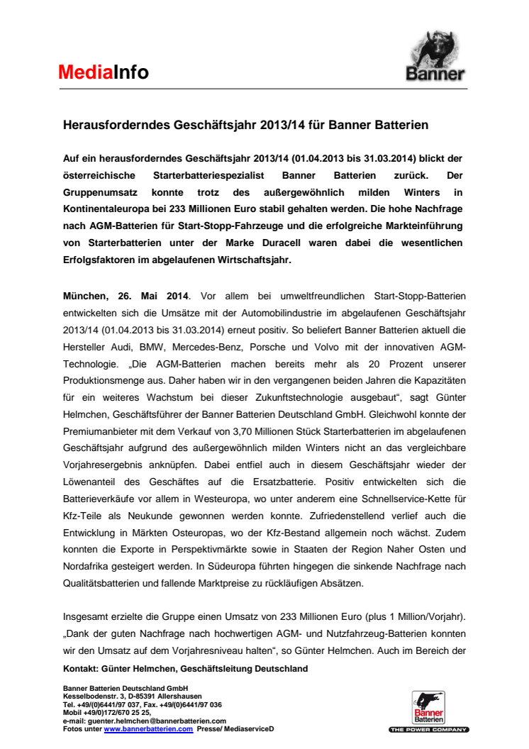 Herausforderndes Geschäftsjahr 2013/14 für Banner Batterien