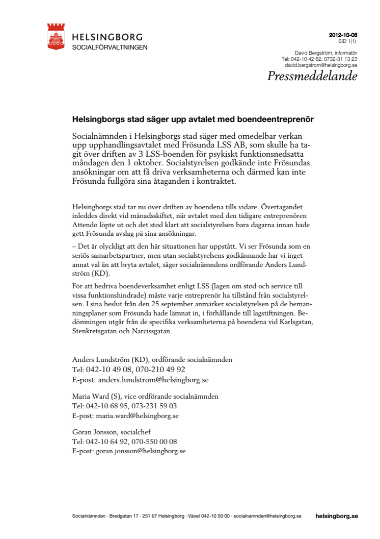 Helsingborgs stad säger upp avtalet med boendeentreprenör