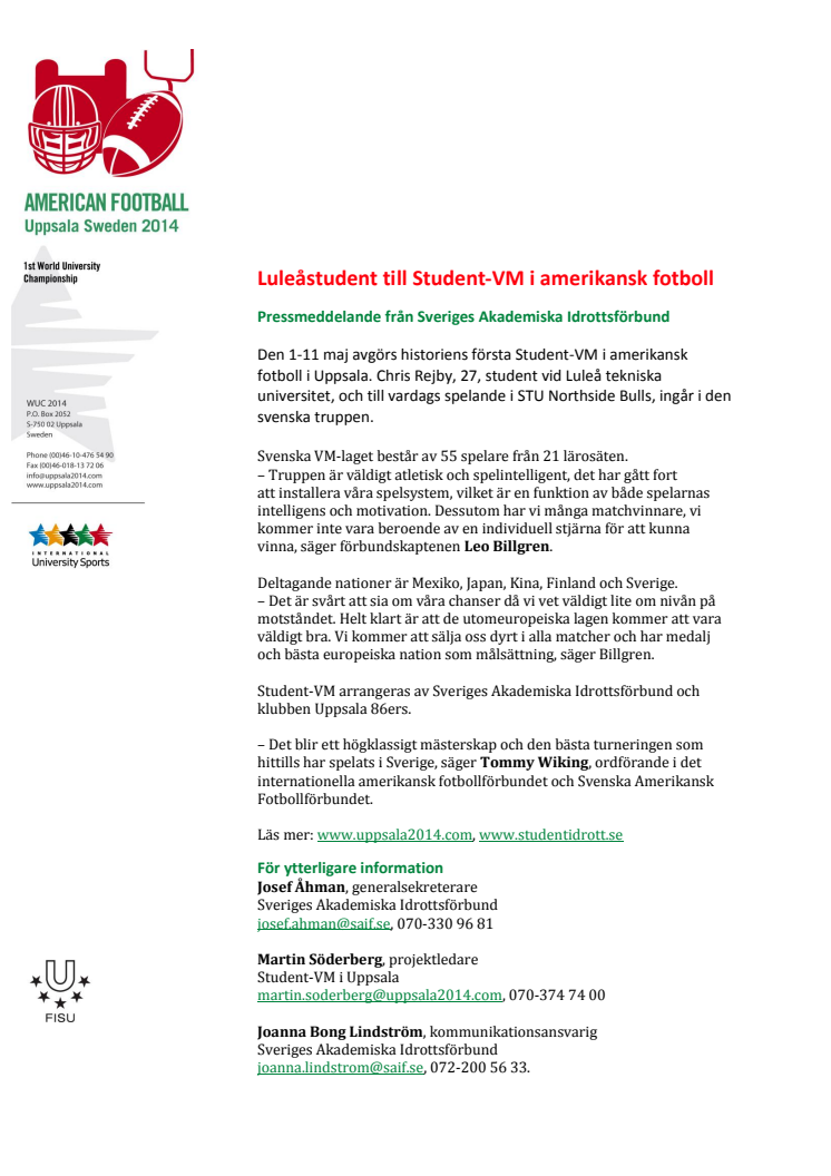 Luleåstudent till Student-VM i amerikansk fotboll