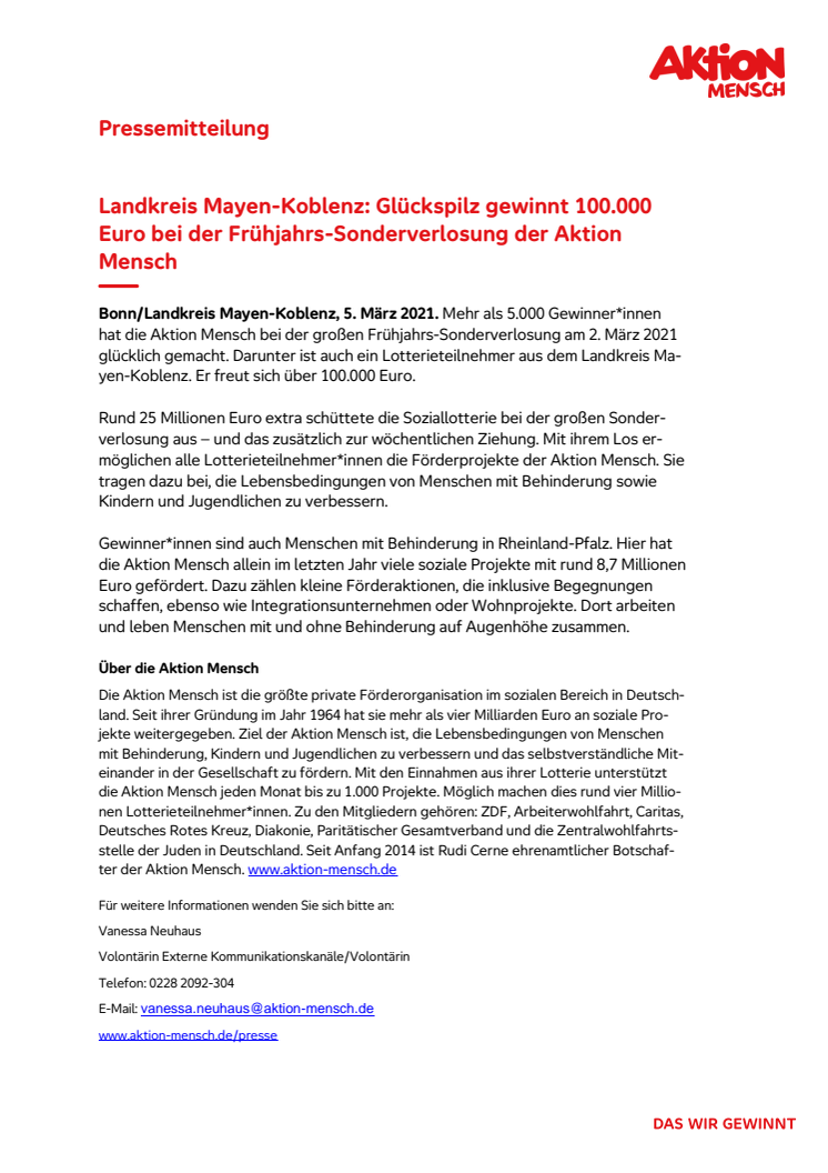 Landkreis Mayen-Koblenz: Glückspilz gewinnt 100.000 Eu-ro bei der Frühjahrs-Sonderverlosung der Aktion Mensch