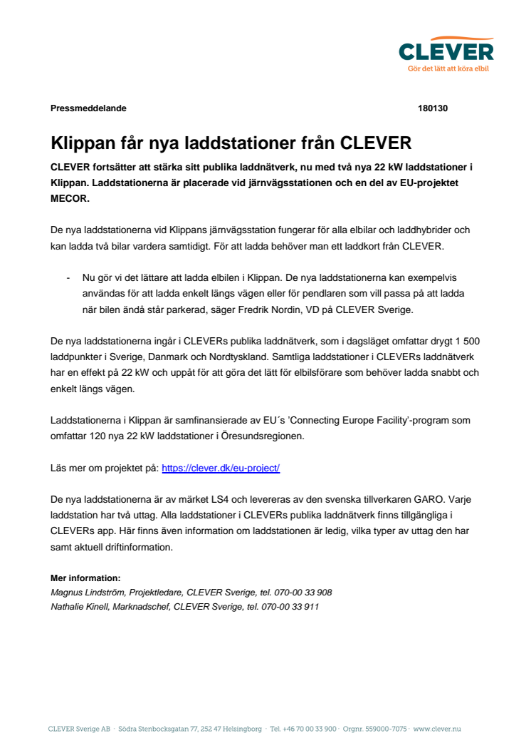 Klippan får nya laddstationer från CLEVER 