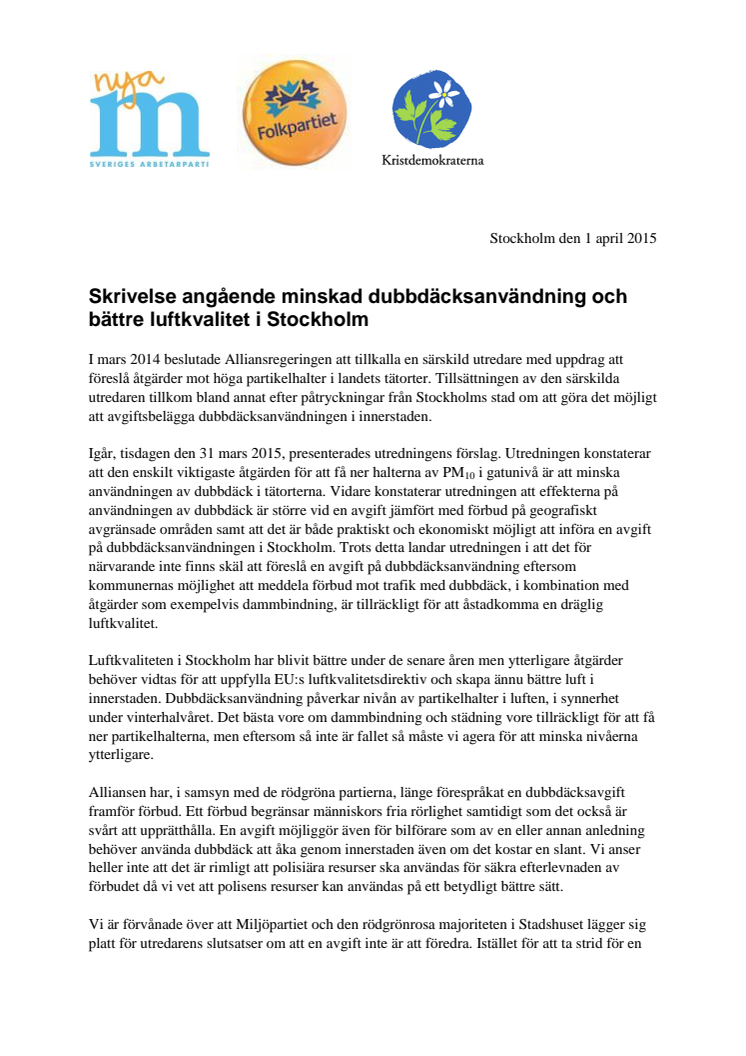 Skrivelse angående minskad dubbdäcksanvändning och bättre luftkvalitet i Stockholm