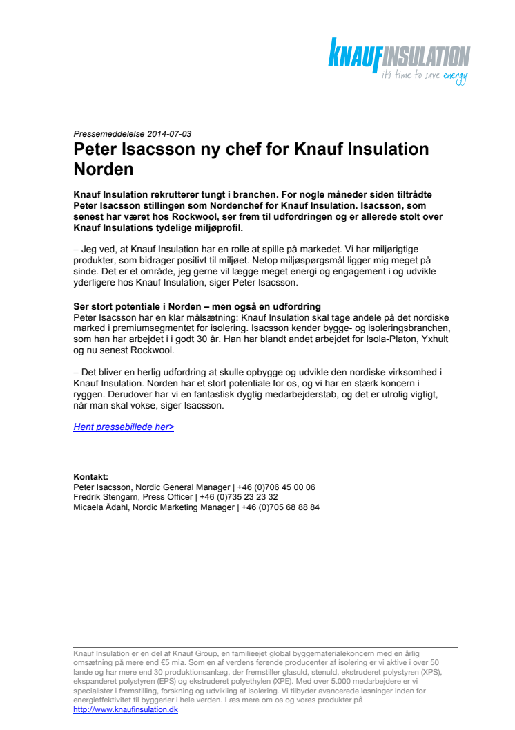 Peter Isacsson ny chef for Knauf Insulation Norden