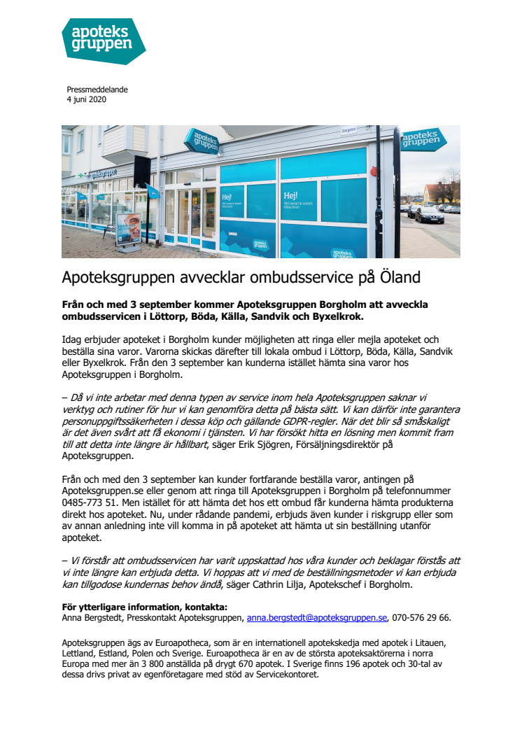 Apoteksgruppen avvecklar ombudsservice på Öland